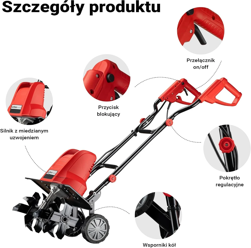 Wiltec elektrinis kultivatorius 1500 W su 24 peiliais, 220 mm darbiniu gyliu, 62419