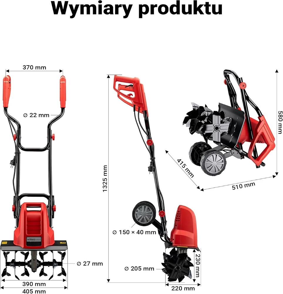 Wiltec elektrinis kultivatorius 1500 W su 24 peiliais, 220 mm darbiniu gyliu, 62419
