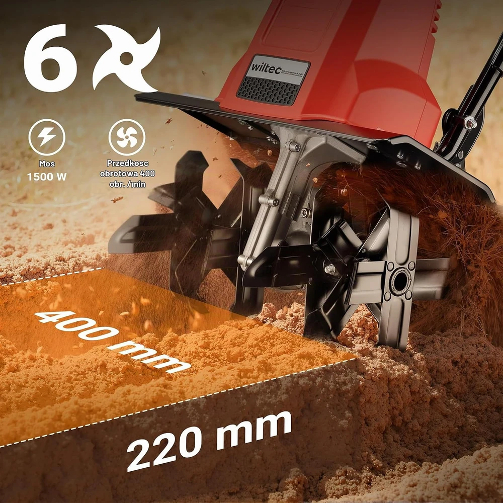 Wiltec elektrinis kultivatorius 1500 W su 24 peiliais, 220 mm darbiniu gyliu, 62419