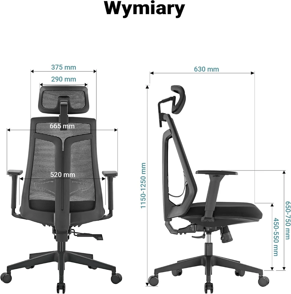 Wiltec ergonominė biuro kėdė su reguliuojamu galvos atlošu ir juosmens atrama 64986