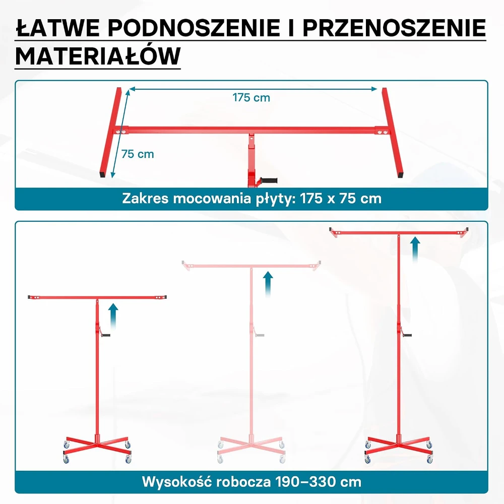 WilTec gipskartonio plokščių keltuvas iki 50 kg, 190–330 cm, su 4 ratukais, 64205