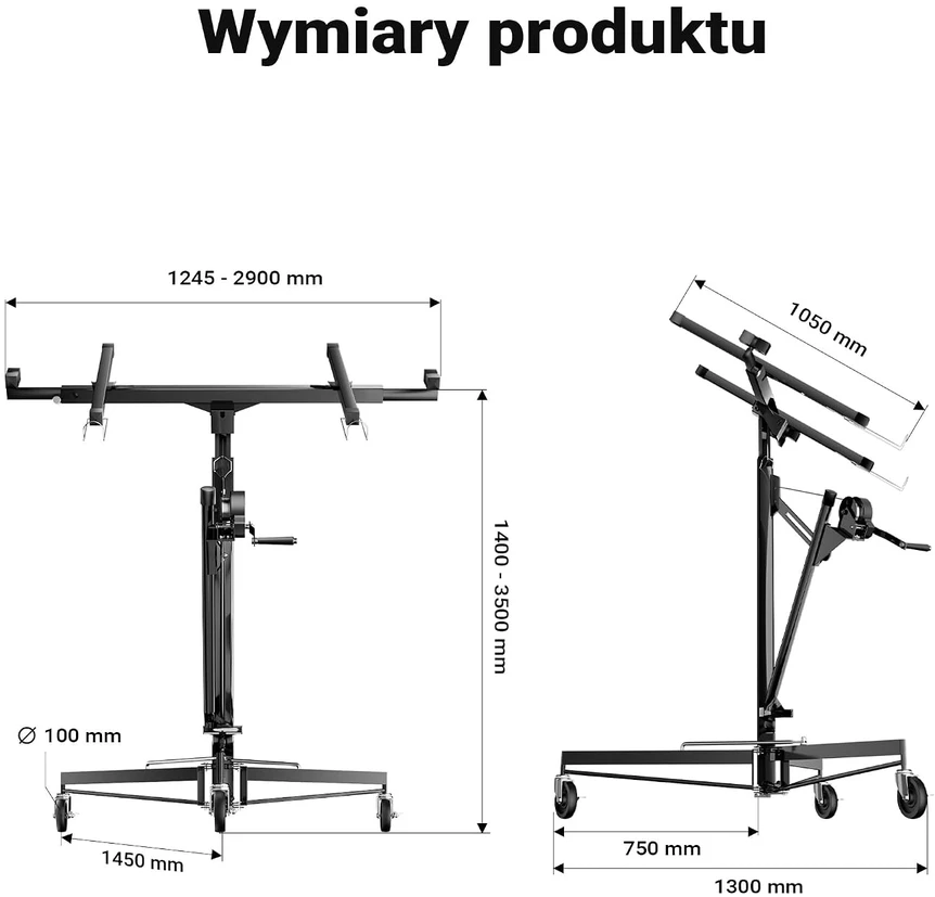 Wiltec gipso kartono plokščių keltuvas XXL iki 68 kg, 140–350 cm, modelis 51289