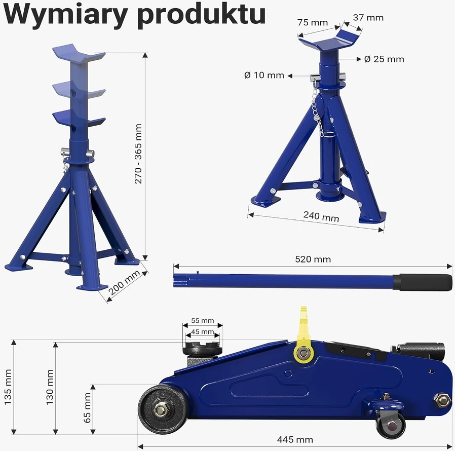Wiltec hidraulinio domkrato ir 2 sulankstomų atramų rinkinys iki 2 t, 135–335 mm, 62812