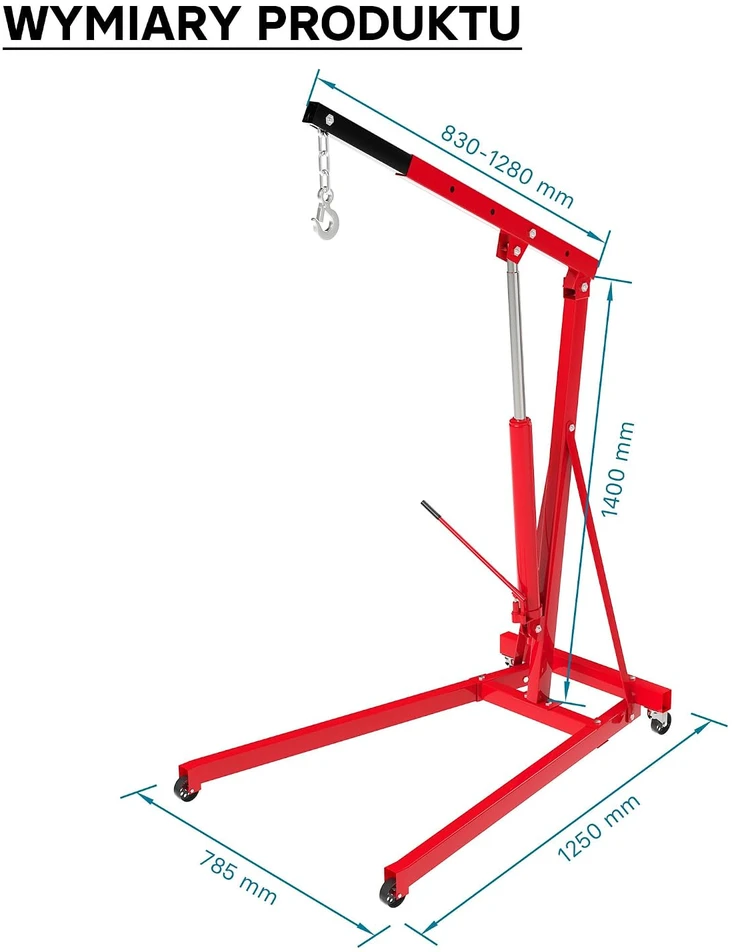 Wiltec hidraulinis dirbtuvių kranas 500 kg su reguliuojama 830–1280 mm strėle, 62599