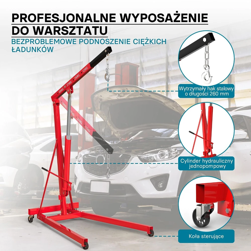 Wiltec hidraulinis dirbtuvių kranas 500 kg su reguliuojama 830–1280 mm strėle, 62599