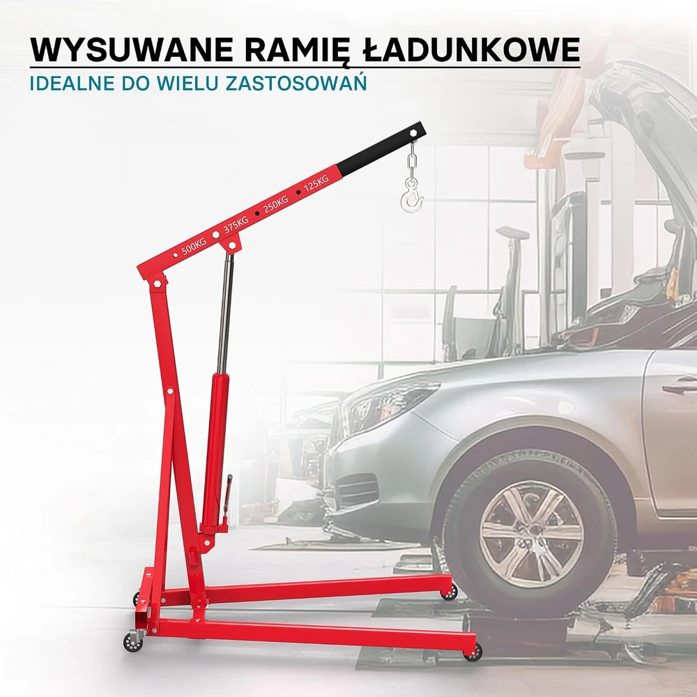 Wiltec hidraulinis dirbtuvių kranas 500 kg su reguliuojama 830–1280 mm strėle, 62599