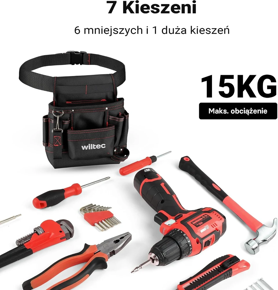 Wiltec įrankių diržas su 7 kišenėmis, 15 kg keliamoji galia, 65379
