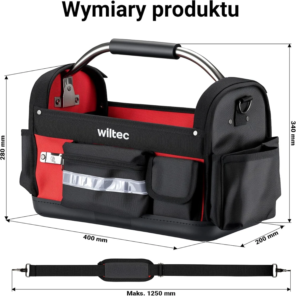Wiltec įrankių krepšys su 29 kišenėmis, 1680D poliesteriu ir plastikiniu dugnu 65376