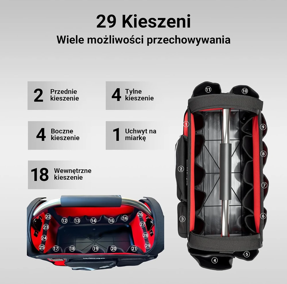 Wiltec įrankių krepšys su 29 kišenėmis, 1680D poliesteriu ir plastikiniu dugnu 65376