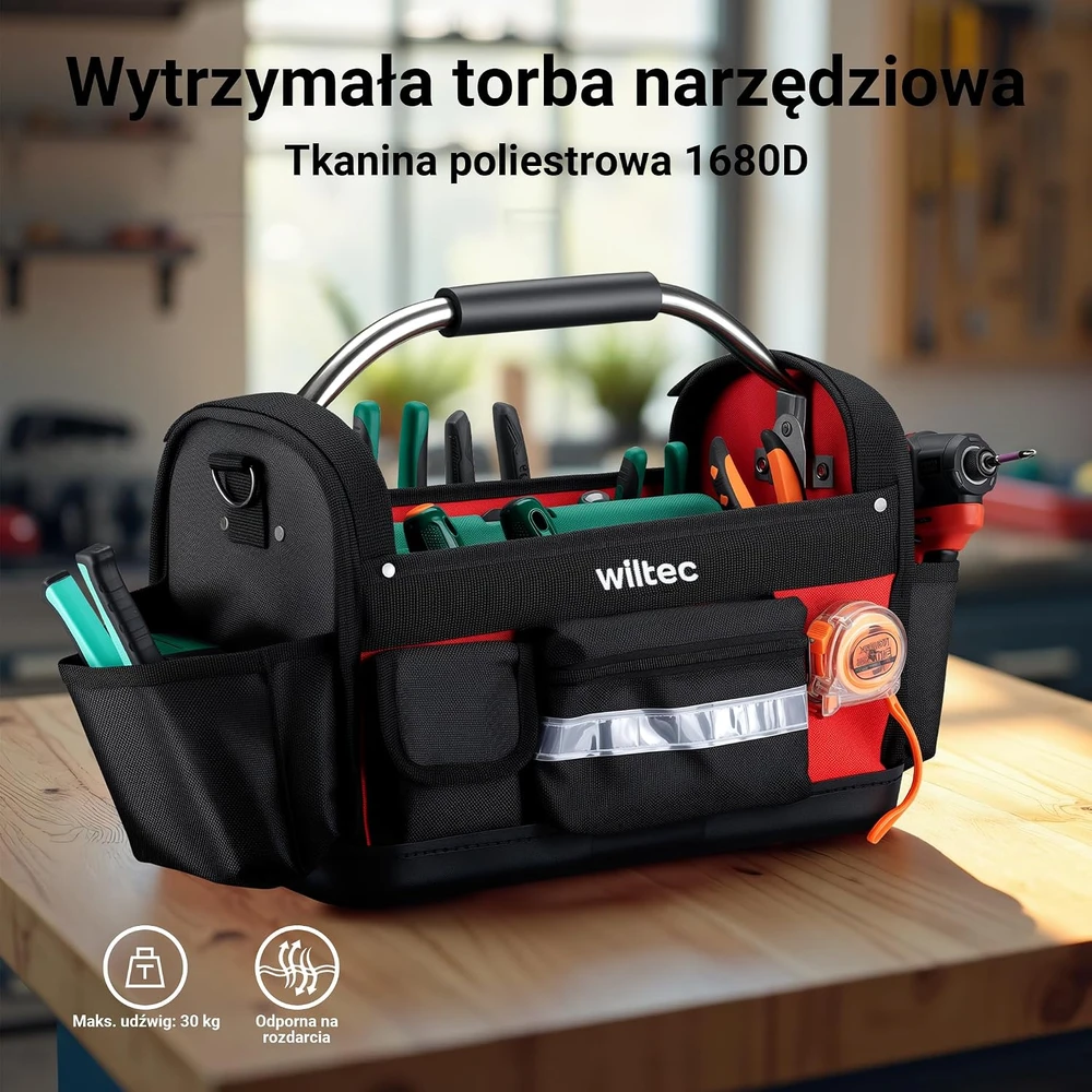 Wiltec įrankių krepšys su 29 kišenėmis, 1680D poliesteriu ir plastikiniu dugnu 65376