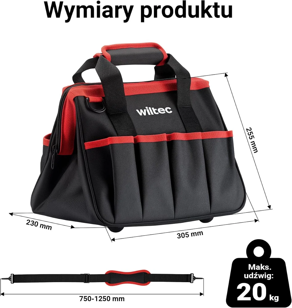 Wiltec įrankių krepšys su 9 kišenėmis, 20 kg apkrova, 30,5 x 23 x 25,5 cm, 65378