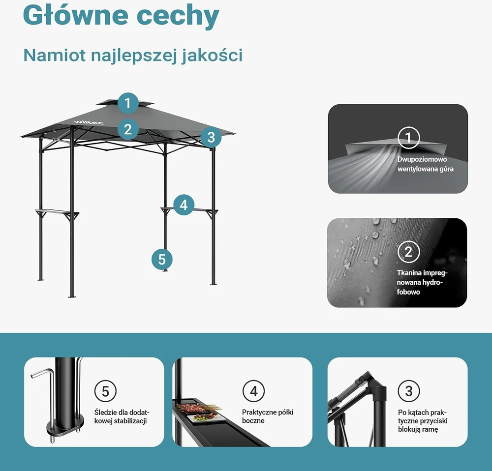 Wiltec kepsninės paviljonas su dūmų ventiliacija ir UV 50+ stogo danga 64655