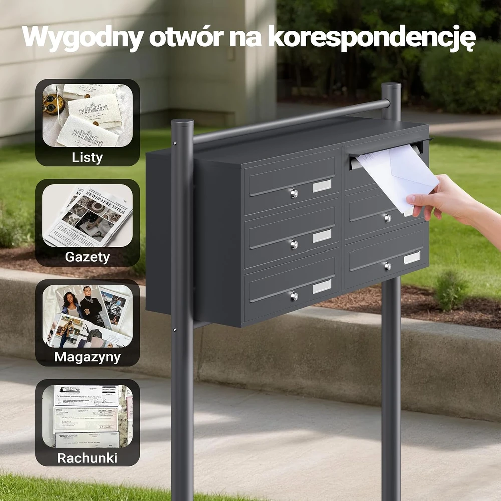 Wiltec laisvai pastatoma 6 skyrių pašto dėžutė su užraktais, antracito, 61746