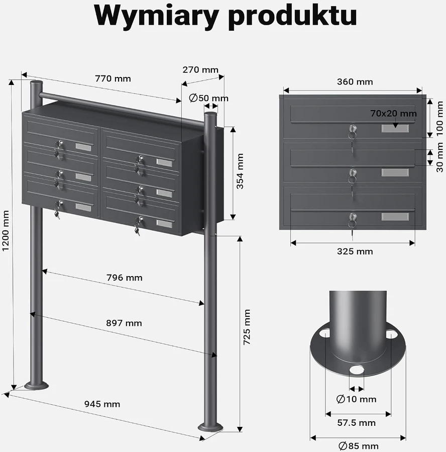 Wiltec laisvai pastatoma 6 skyrių pašto dėžutė su užraktais, antracito, 61746