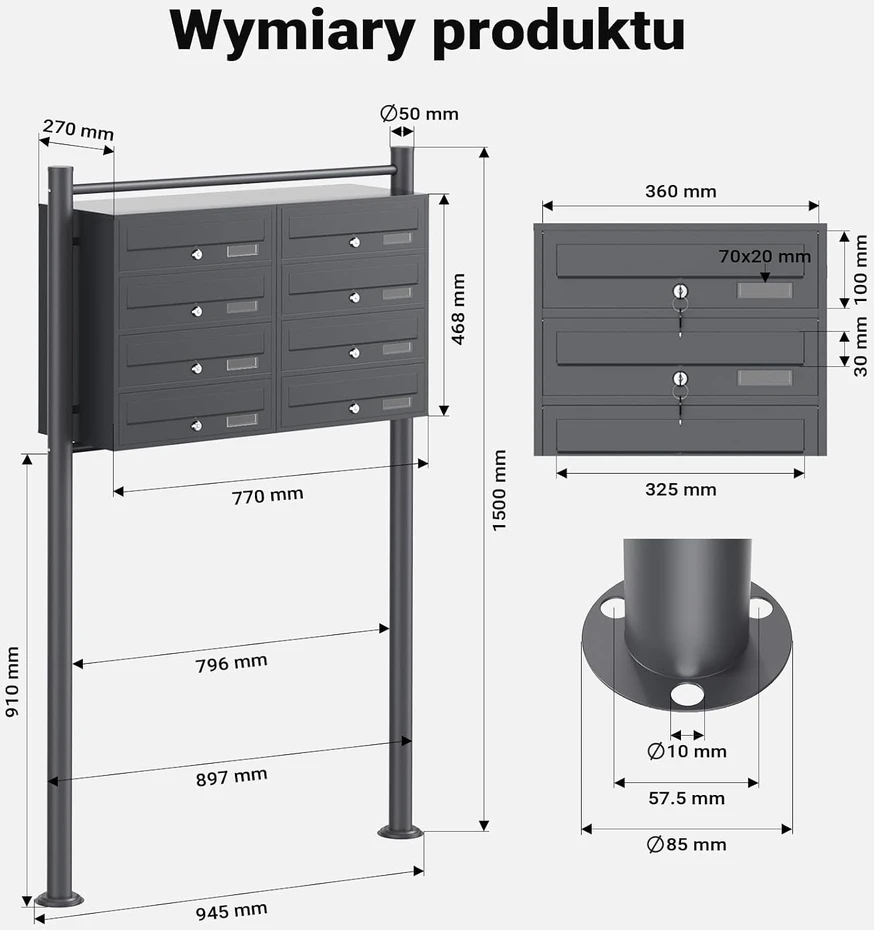 Wiltec laisvai pastatoma 8 skyrių pašto dėžutė iš cinkuoto plieno, 61747