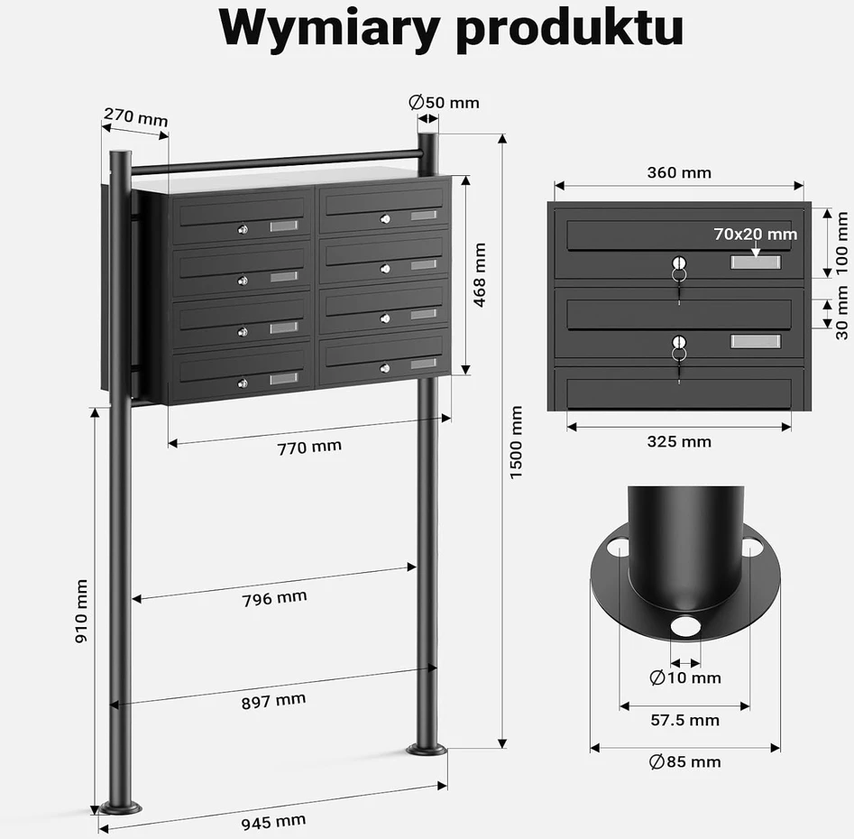 Wiltec laisvai pastatoma 8 skyrių pašto dėžutė iš cinkuoto plieno, juoda, 60015