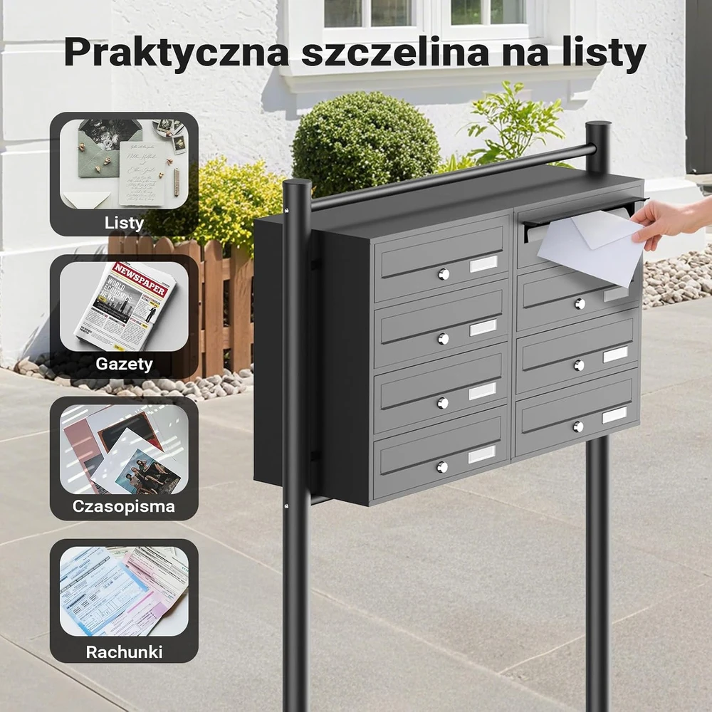 Wiltec laisvai pastatoma 8 skyrių pašto dėžutė iš cinkuoto plieno, juoda, 60015