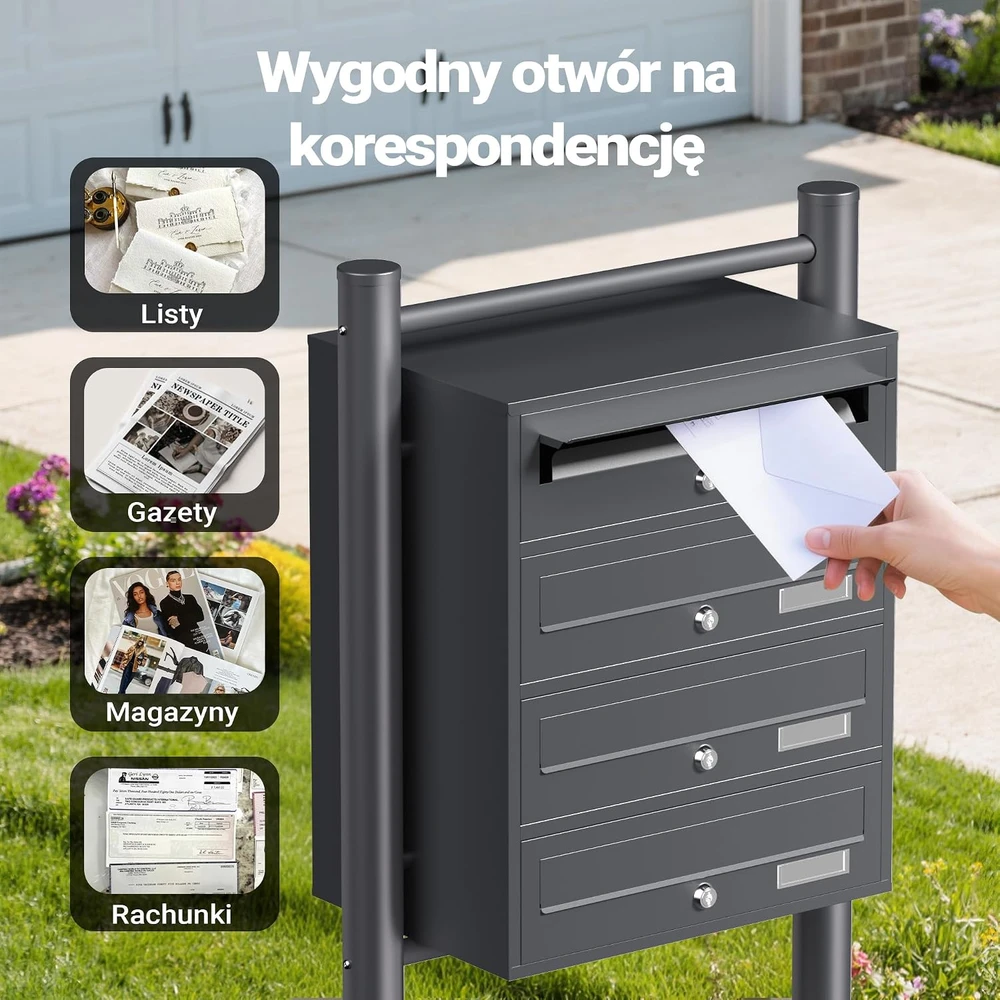 Wiltec laisvai pastatoma keturių skyrių pašto dėžutė iš cinkuoto plieno, 61743