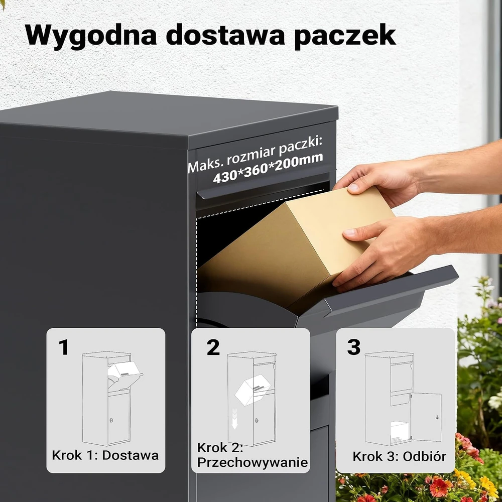 Wiltec laisvai pastatoma siuntų ir laiškų dėžutė iš plieno, 410 x 380 x 1020 mm, 63091