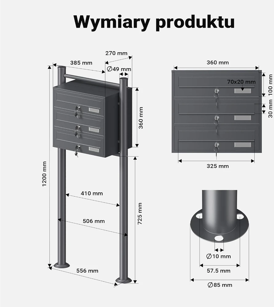Wiltec laisvai pastatoma triguba pašto dėžutė iš cinkuoto plieno, antracito, 61767