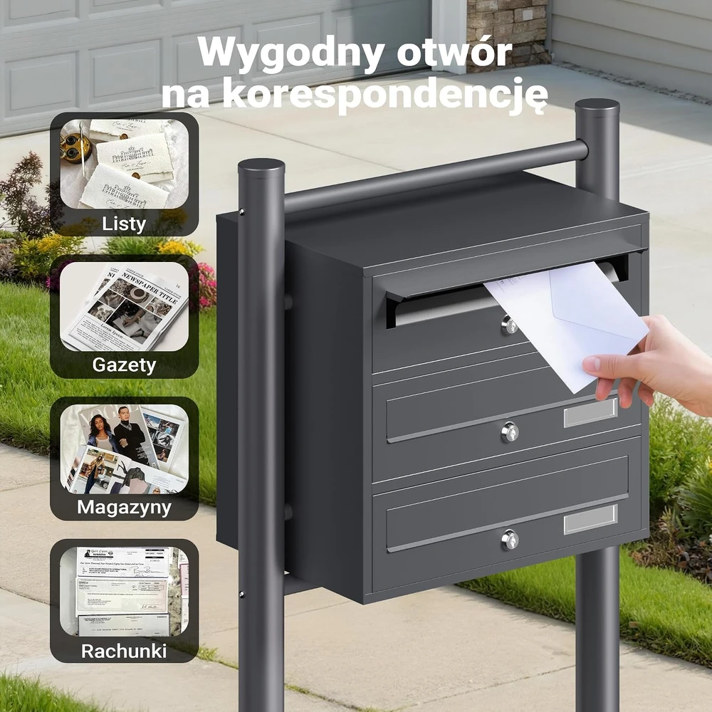 Wiltec laisvai pastatoma triguba pašto dėžutė iš cinkuoto plieno, antracito, 61767