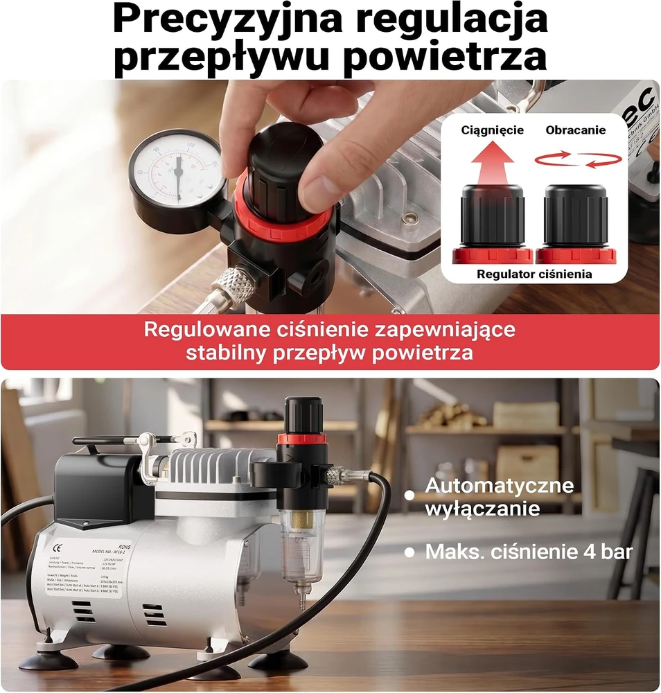 Wiltec membraninis aerografo kompresorius AF18-2, 4 bar, su manometru, 34203