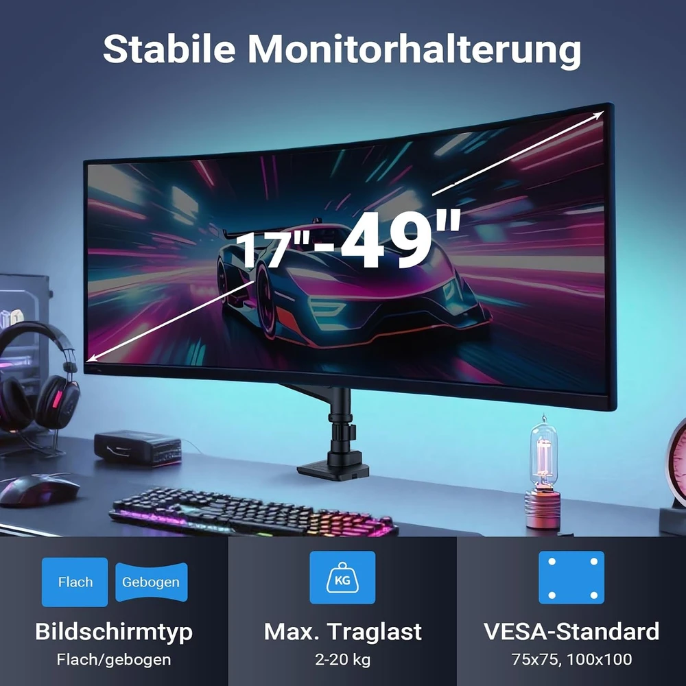 Wiltec monitoriaus laikiklis 17–49 colių ekranams iki 20 kg, VESA 75x75/100x100, 65432