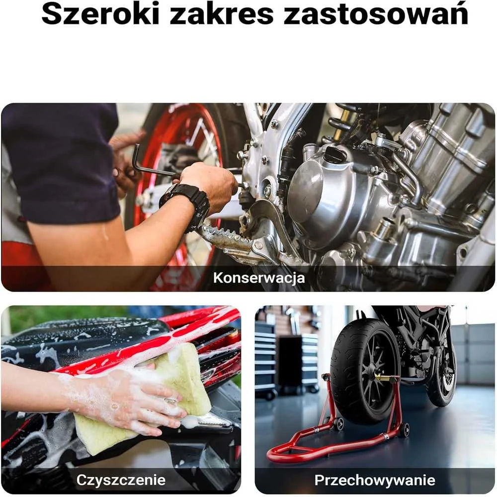 Wiltec motociklo galinio rato stovas, 370 x 325 mm, padangoms 200-340 mm, 450 kg, 51267