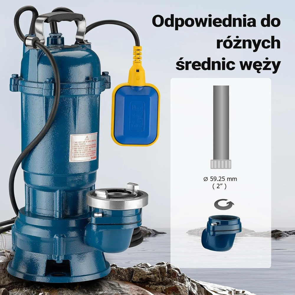Wiltec nešvaraus vandens siurblys 1500 W, 36000 l/h su plūdiniu jungikliu ir 20 m žarna, 62821