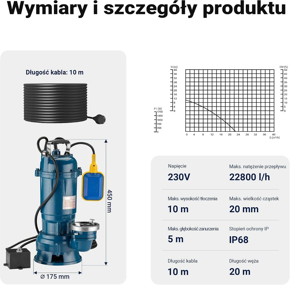 Wiltec nešvaraus vandens siurblys 1500 W, 36000 l/h su plūdiniu jungikliu ir 20 m žarna, 62821