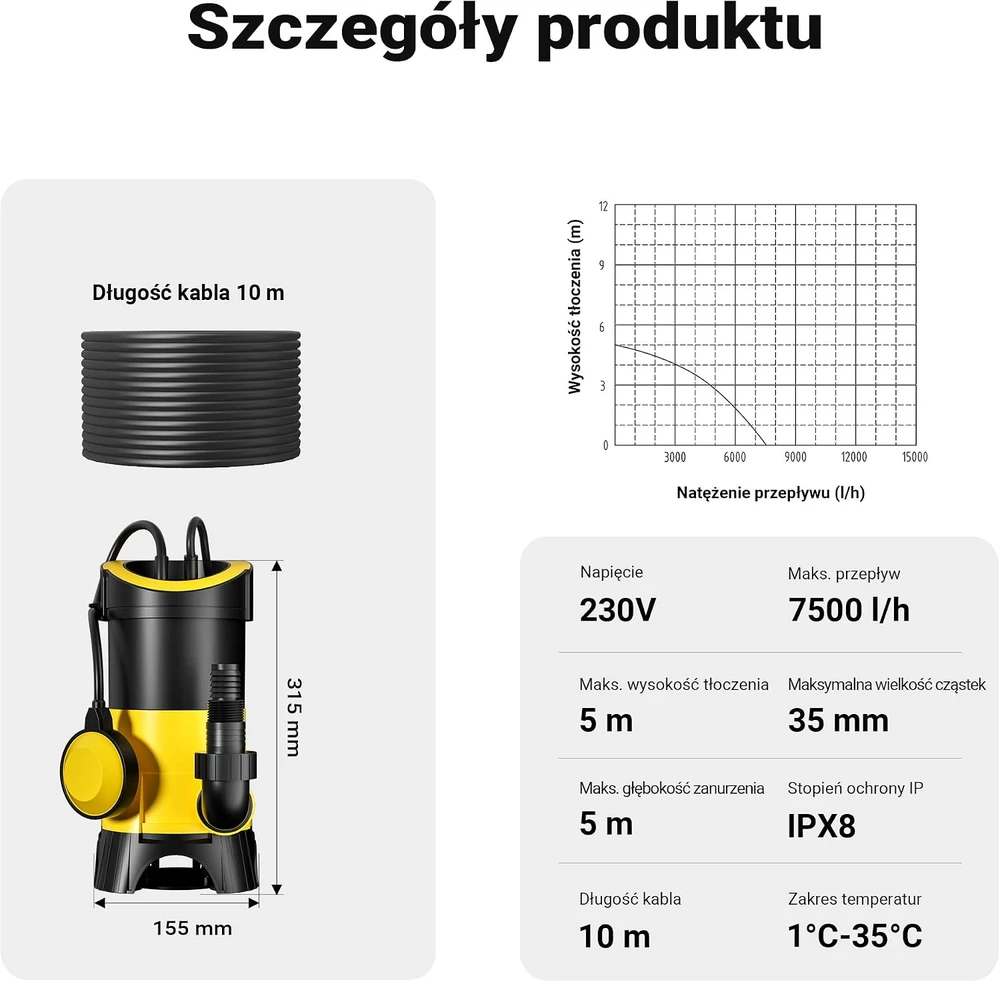 Wiltec nuotekų siurblys 400 W, 7500 l/val., kėlimo aukštis 5 m, modelis 51534