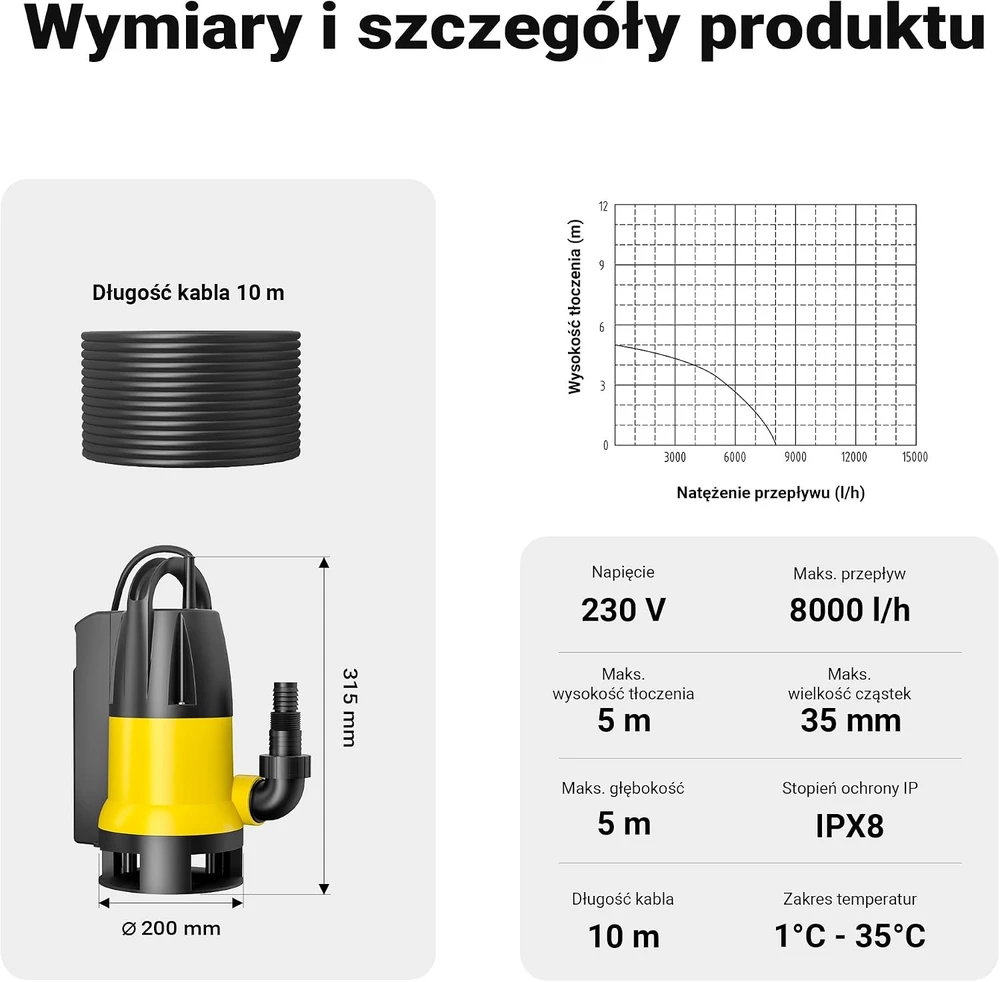 Wiltec nuotekų siurblys 400 W, 8000 l/h, 5 m kėlimo aukštis, modelis 51540