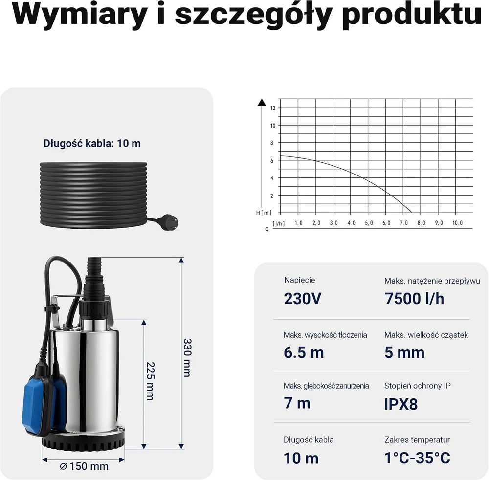 Wiltec panardinamas nešvaraus vandens siurblys 7500 l/h, 400 W, modelis 62935