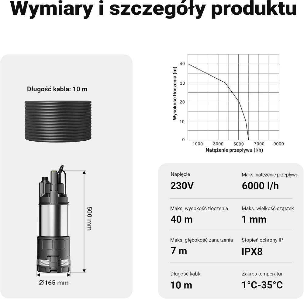 Wiltec panardinamas švaraus vandens siurblys 1200 W, 6000 l/h, 40 m, 65342