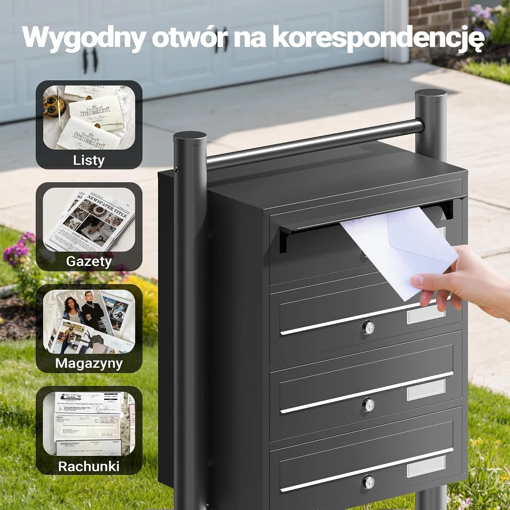 Wiltec pastatoma keturių skyrių pašto dėžutė iš cinkuoto plieno, juoda, 60003