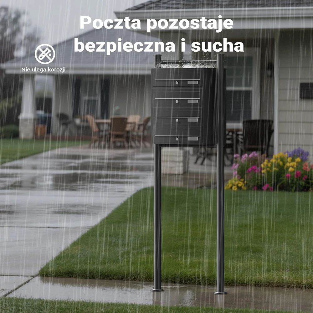 Wiltec pastatoma keturių skyrių pašto dėžutė iš cinkuoto plieno, juoda, 60003