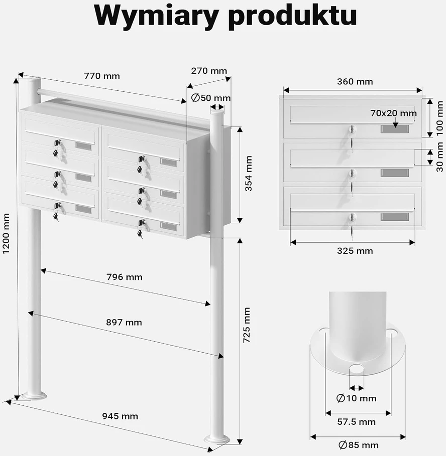 Wiltec pastatoma pašto dėžučių sistema su 6 rakinamomis dėžutėmis, balta, 60014
