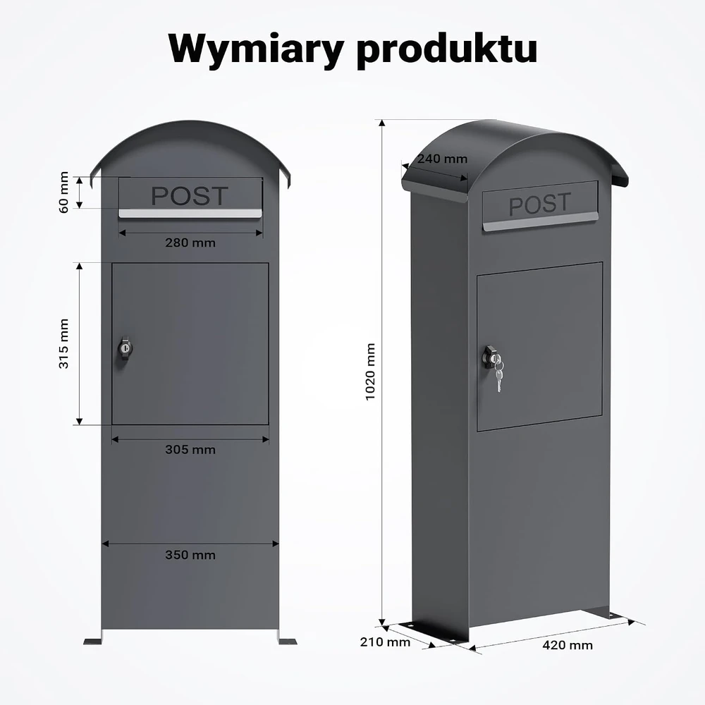 Wiltec pastatoma pašto dėžutė iš cinkuoto plieno su užraktu, 420 x 240 x 1020 mm, 63094