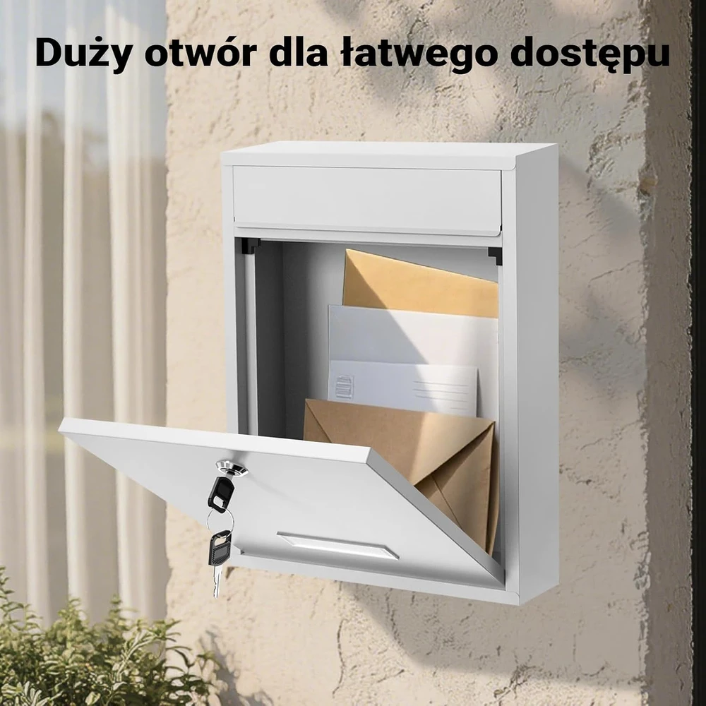 Wiltec pašto dėžutė V10 iš plieno su raktu, balta, 26 x 8.5 x 35 cm, 60127
