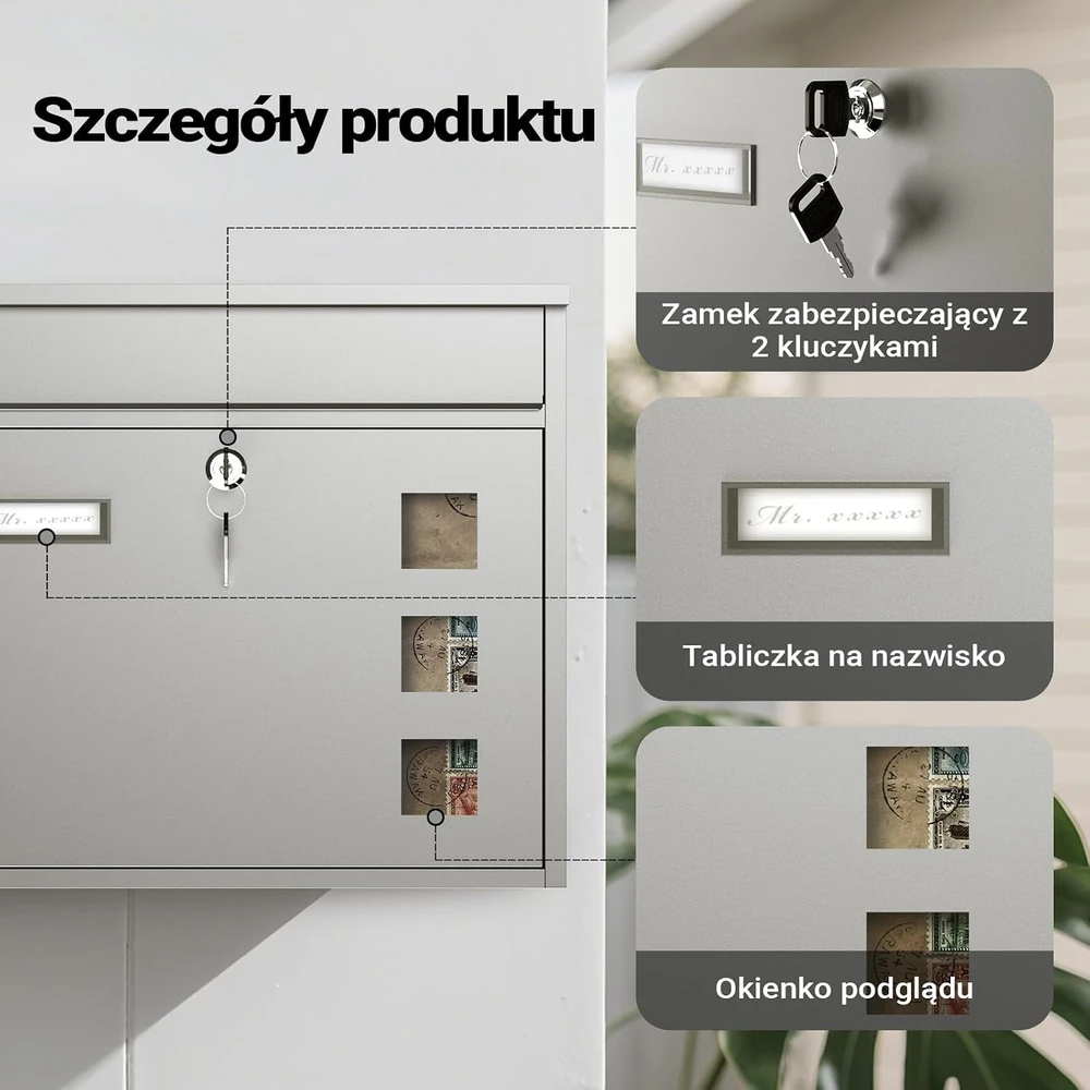 Wiltec pašto dėžutė V12 iš nerūdijančio plieno su spyna, sieninė, 60133