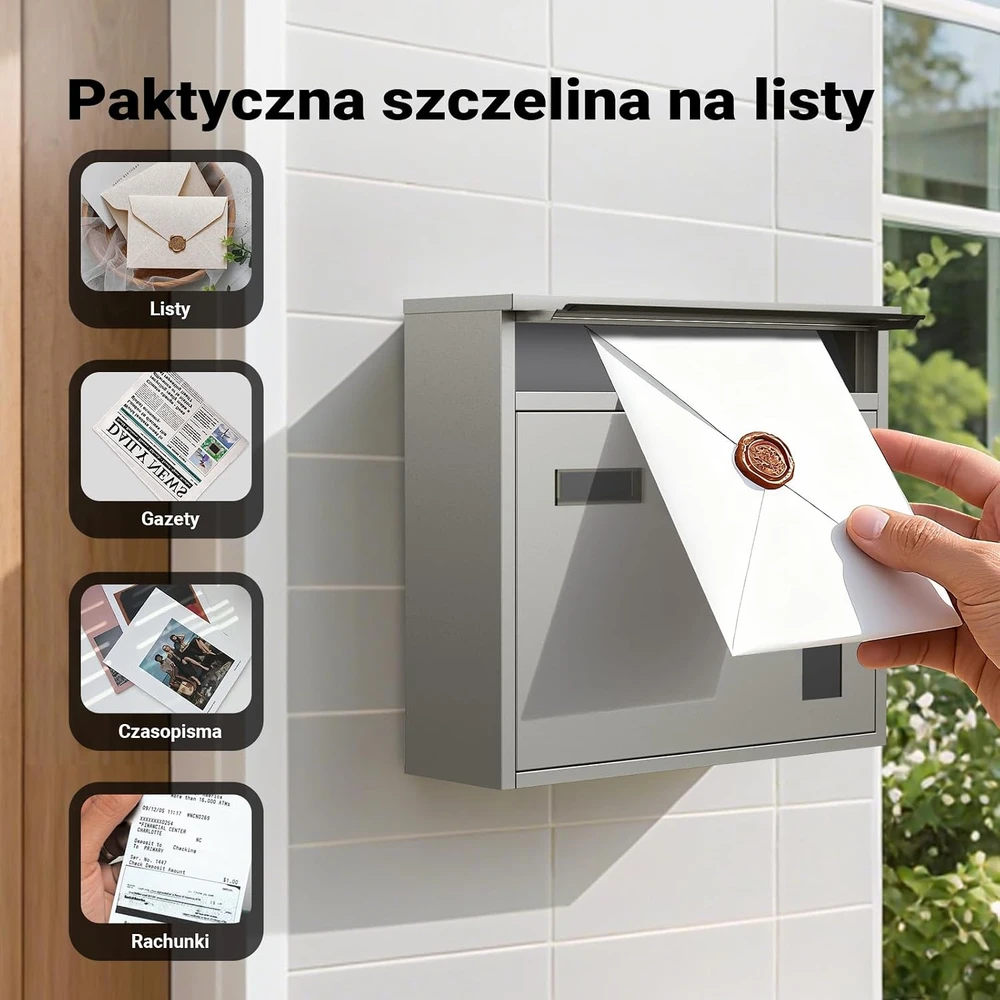 Wiltec pašto dėžutė V12 iš nerūdijančio plieno su spyna, sieninė, 60133