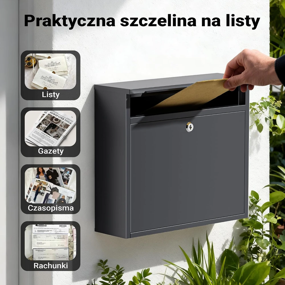 Wiltec pašto dėžutė V13 su raktu, antracito spalvos, 36 × 11,5 × 31,5 cm, modelis 60141