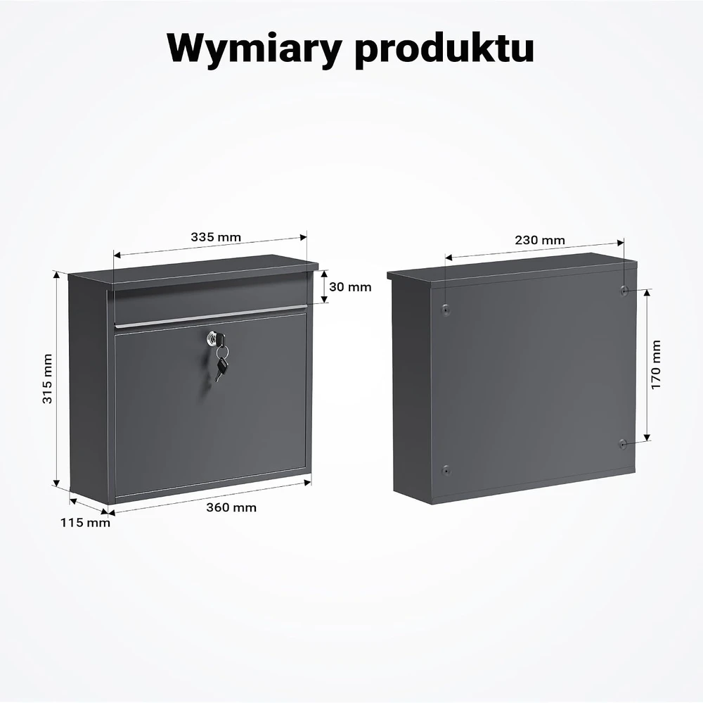 Wiltec pašto dėžutė V13 su raktu, antracito spalvos, 36 × 11,5 × 31,5 cm, modelis 60141