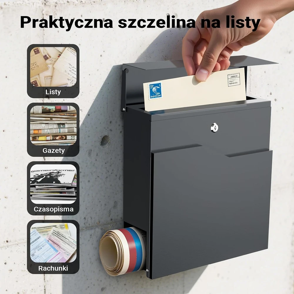 Wiltec pašto dėžutė V19 iš antracito spalvos plieno su paslėptu užraktu, 60513