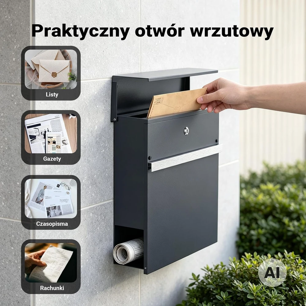 Wiltec pašto dėžutė V50 iš cinkuoto plieno, antracito spalvos, rakinama, 60990