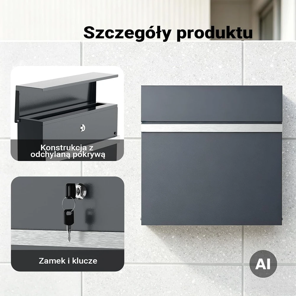 Wiltec pašto dėžutė V50 iš cinkuoto plieno, antracito spalvos, rakinama, 60990