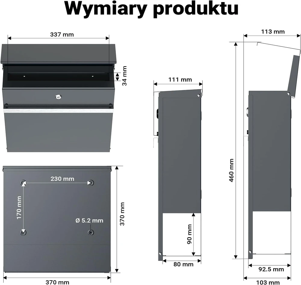 Wiltec pašto dėžutė V50 iš cinkuoto plieno, antracito spalvos, rakinama, 60990
