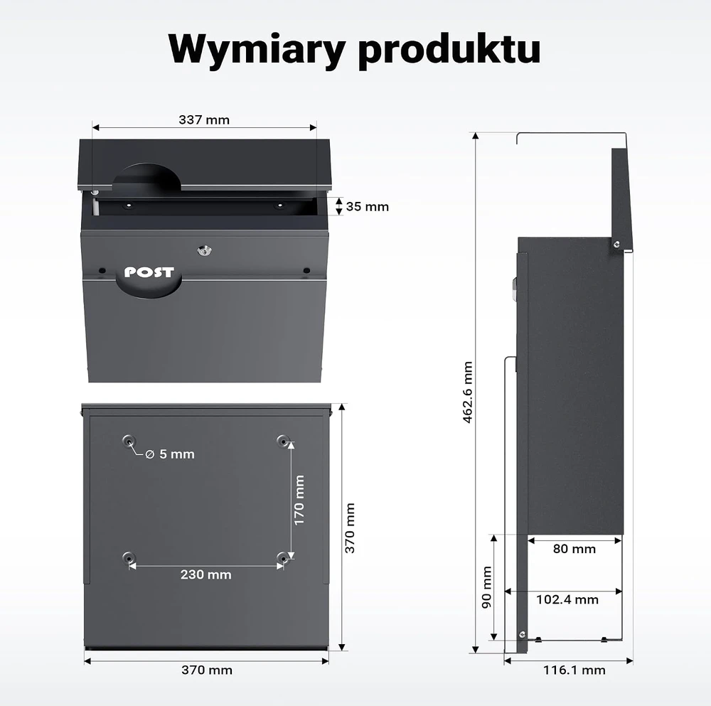 Wiltec pašto dėžutė V62 iš cinkuoto plieno, antracito spalvos, 37 x 10,2 x 37 cm, 65726