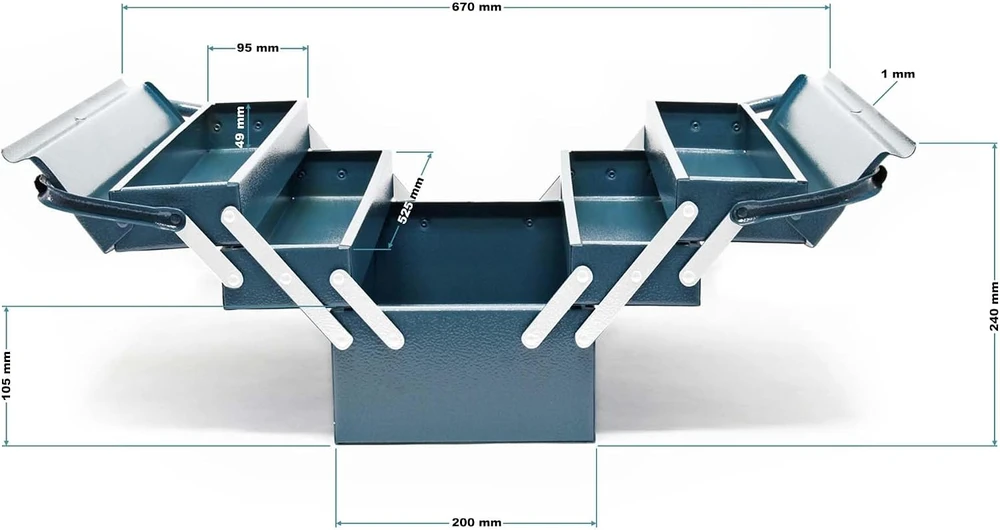 Wiltec plieninė įrankių dėžė 530 x 200 x 200 mm su 5 skyriais, modelis 61820
