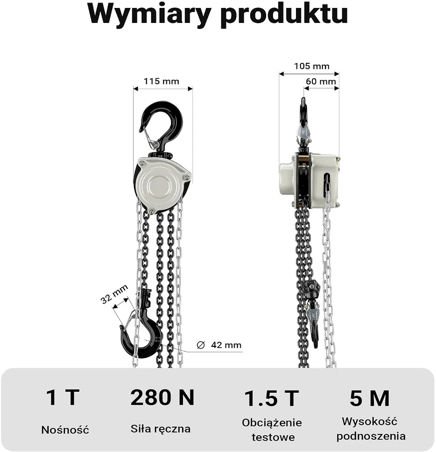Wiltec rankinis grandininis keltuvas 1 t, 5 m cinkuota G80 grandinė, 65136